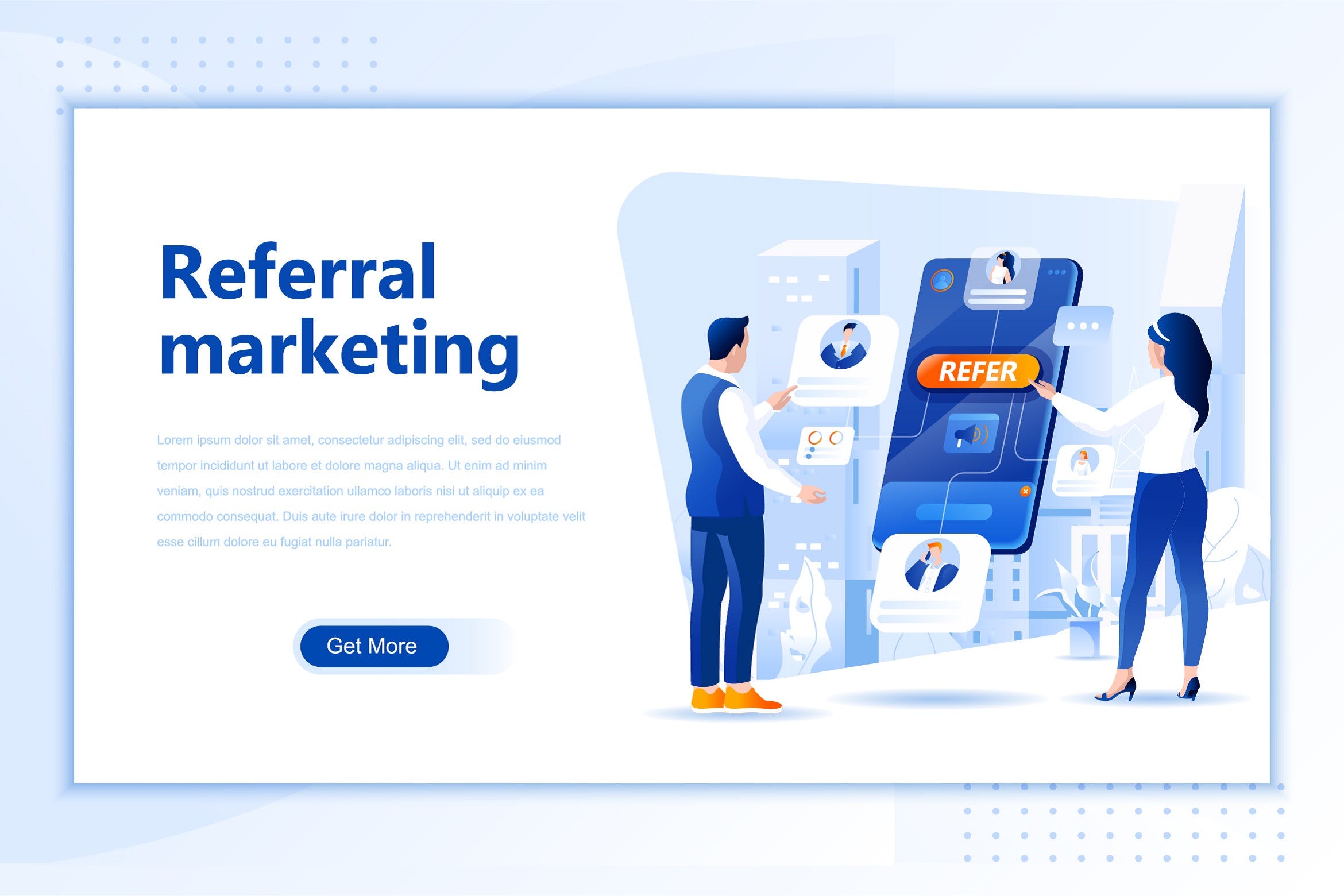 推荐营销主题网站页面设计矢量插画素材 Referral Marketing Flat Landing Page Header插图