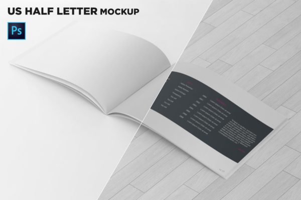美国信纸规格宣传册内页透视图样机素材库精选 US Half Letter Brochure Mockup Perspective View