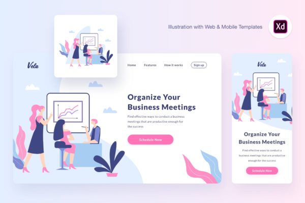 企业会议主页矢量概念插画设计素材[XD&amp;SVG] Vela meeting illustration (Adobe XD, SVG)
