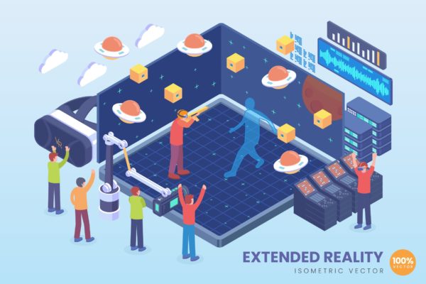 等距XR虚拟现实等距矢量素材库精选科技概念插画 Isometric XR Extended Reality Vector Concept
