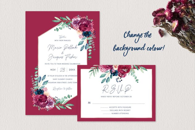 紫红色&海军蓝水彩花卉婚礼邀请函设计模板 Wedding Invitation Set – Burgundy & Navy插图(6)