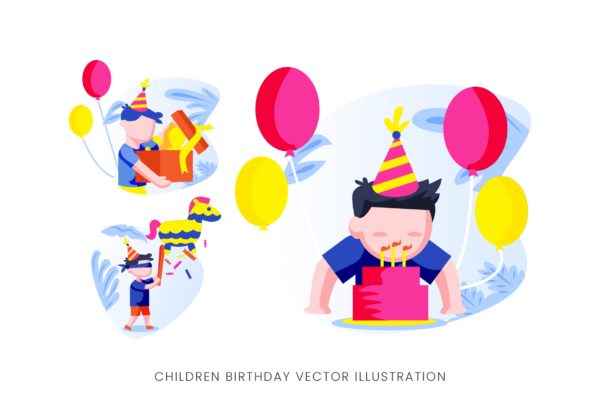 儿童生日派对人物形象素材库精选手绘插画矢量素材 Children Birthday Party Vector Character Set