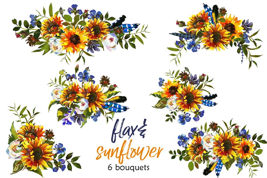 波希米亚风格向日葵亚麻花水彩剪贴画 Boho Sunflower Flax Flowers PNG插图(1)