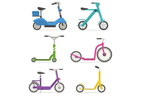 城市脚踏车和电动自行车矢量插画素材库精选 City Kick Scooters and E Bikes Set
