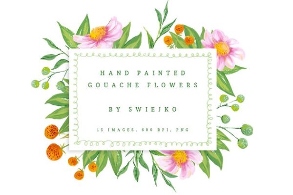 浪漫手绘鲜花树叶剪贴画合集 Gouache Flowers clipart set