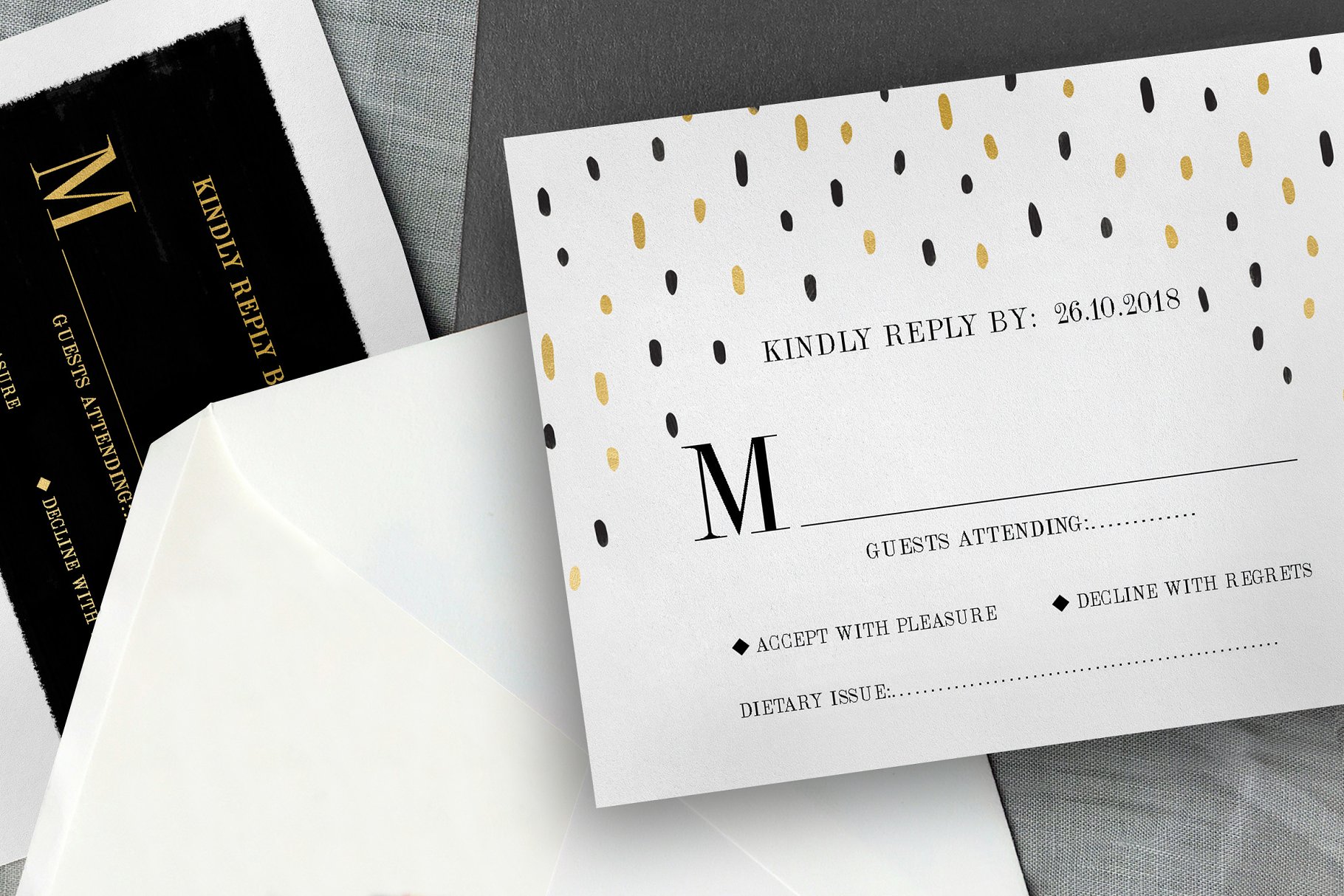 黑金波尔卡多婚礼设计模板合集 Black Gold Polkadot Wedding Suite插图(1)