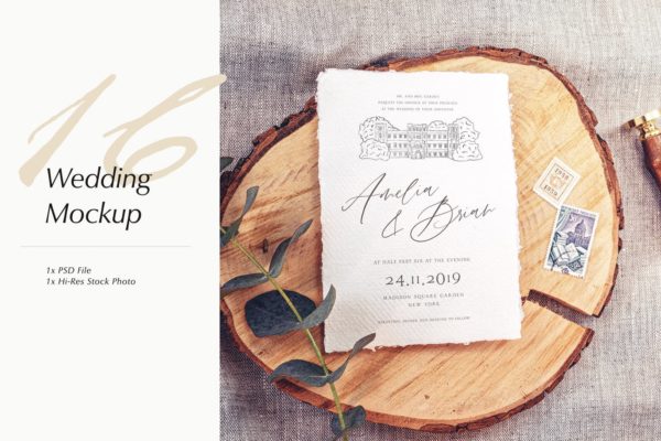 婚礼照片婚礼邀请函优雅风格设计样机素材库精选模板v16 Wedding Photo Mockup 16