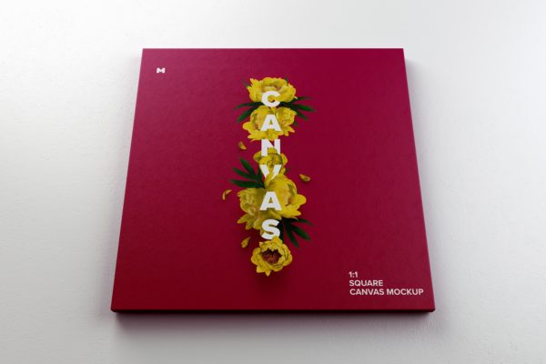 油画绘画作品挂墙展览画布底部前视图样机 Square Canvas Mockup Hanging on Wall, Bottom Front View