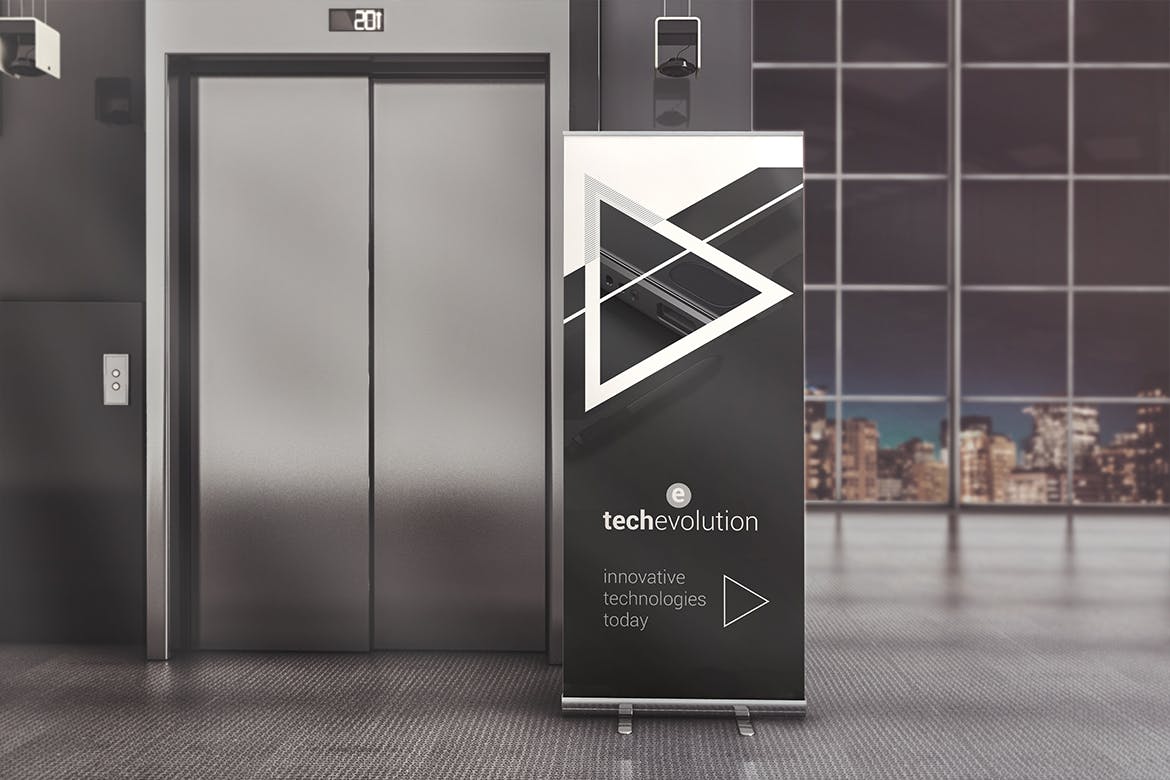 办公室大厅广告牌木架海报张贴效果图样机模板 Office Hall Advertising Mockup插图(1)