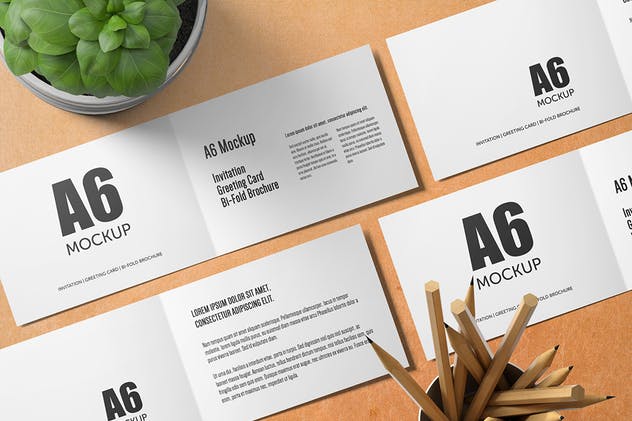 A6横向双折页宣传册样机 A6 Landscape Bi-Fold Brochure Greeting Card Mockup插图(4)