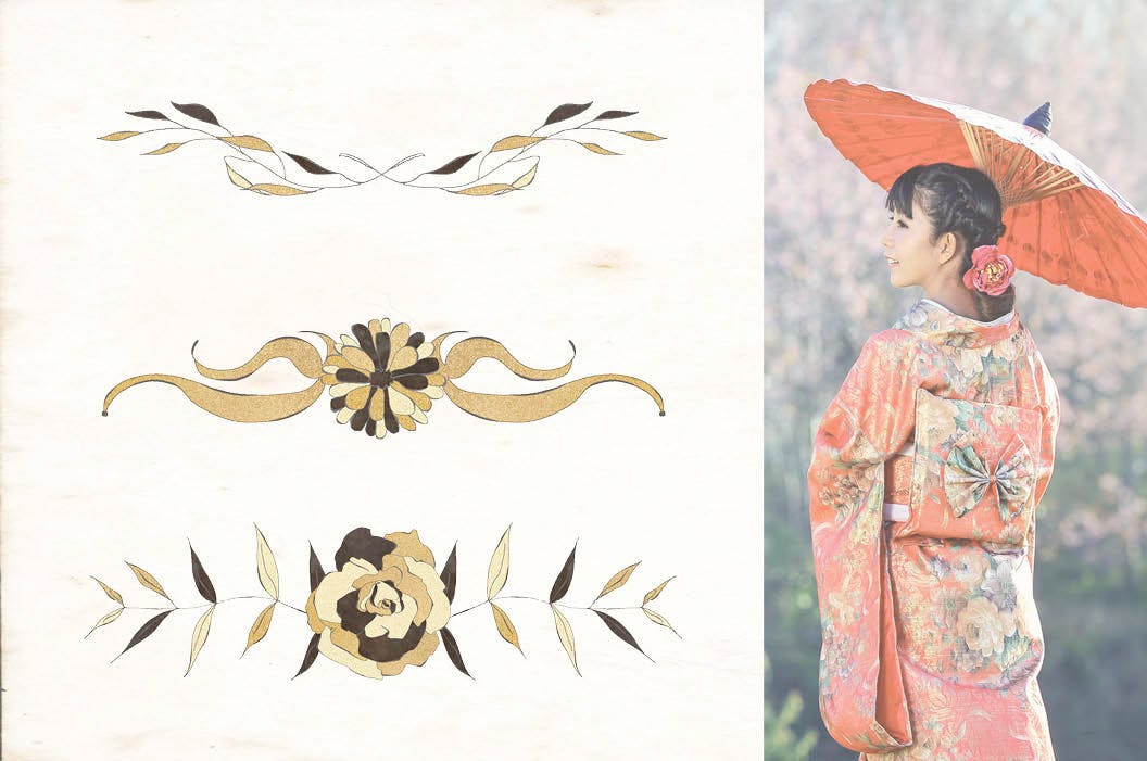 东方特色黑金配色风格字母&花卉手绘剪贴画素材库精选PNG素材 Black and Gold Eastern Design Set插图(5)