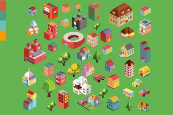 多彩等距城市场景矢量插画v8 Colorful vector isometric city