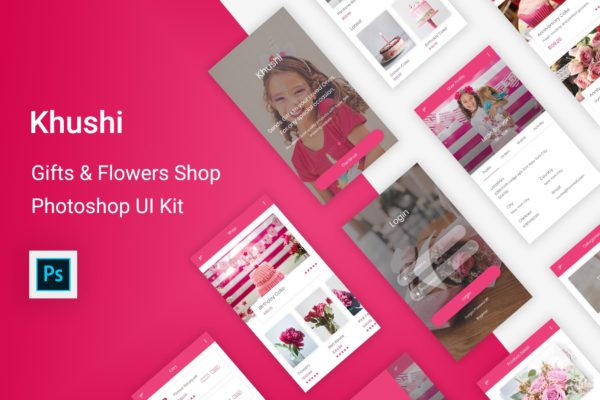 礼品&amp;鲜花预订APP应用UI设计套件PSD模板 Khushi – Gifts &amp; Flowers Shop UI Kit (Photoshop)