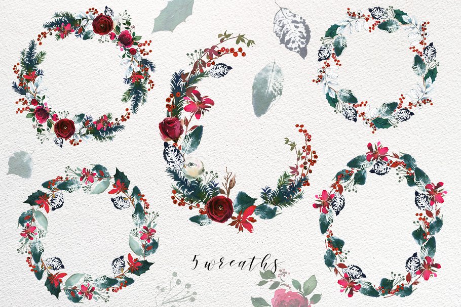 圣诞节氛围水彩花卉剪贴画合集 Christmas Watercolor Flowers Clipart插图(3)