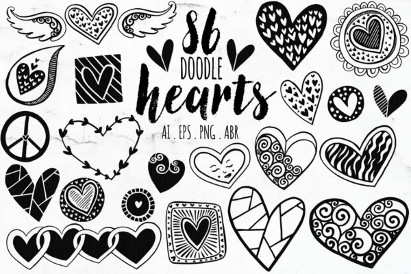 心形涂鸦图形&amp;PS笔刷 Heart Doodles + Photoshop Brush