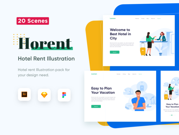 素材库下午茶：酒店入住预订主题网站设计矢量场景插画素材