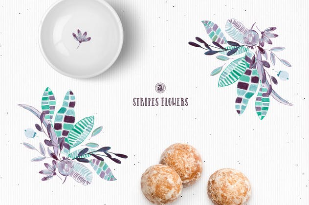 条纹手绘花卉水彩插画 Stripes Flowers插图(2)