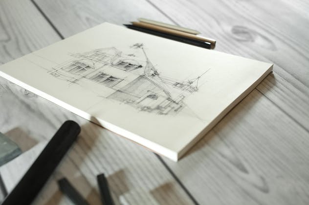 木炭笔&素描本艺术品展示样机 Charcoal & Sketch Mockup插图(2)