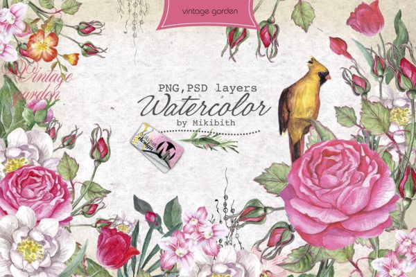 复古花园元素水彩剪贴画合集 Watercolor PSD "Vintage Garden"