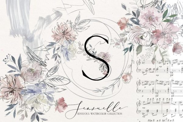 线条性感水彩花卉剪贴画、字体 Sensuale Watercolor Floral Clipart