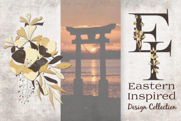 东方特色黑金配色风格字母&amp;花卉手绘剪贴画素材库精选PNG素材 Black and Gold Eastern Design Set