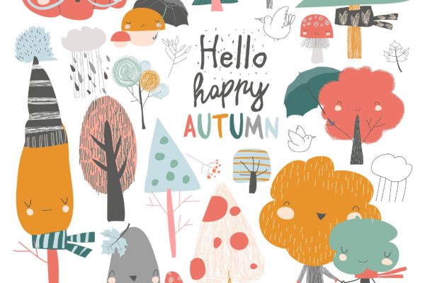 色彩缤纷的秋季元素矢量插画素材 Colorful autumn trees. Cartoon yellow orange autum