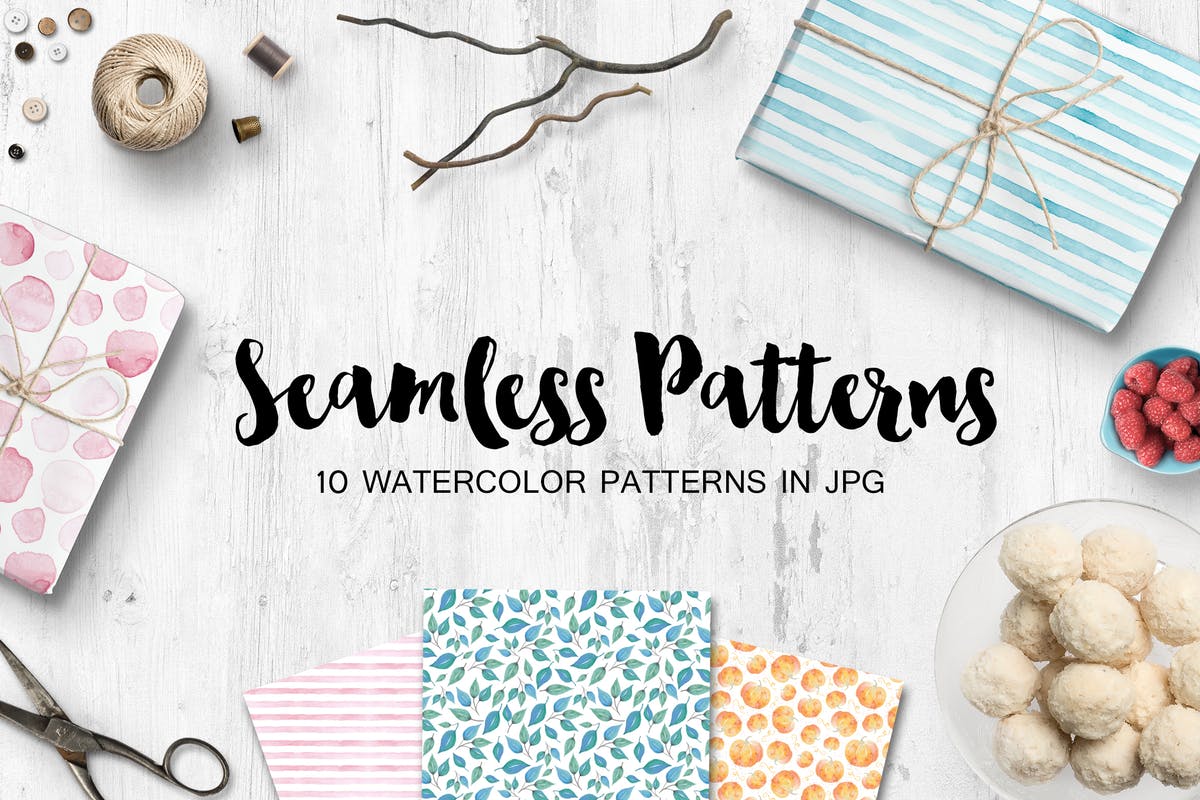 水彩手绘图案无缝背景纹理 Watercolor seamless patterns set插图