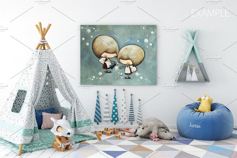 儿童主题室内墙纸设计展示和相框画框样机 Kids Interior Wall & Frames Mockup 1插图(33)