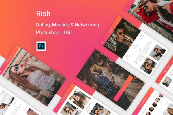 约会交友APP应用UI用户交互界面设计PSD模板 Rish- Dating, Meeting &amp; Networking for Photoshop