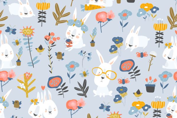 可爱卡通兔子手绘插画矢量无缝图案素材 Vector seamless pattern of cute cartoon bunnies an