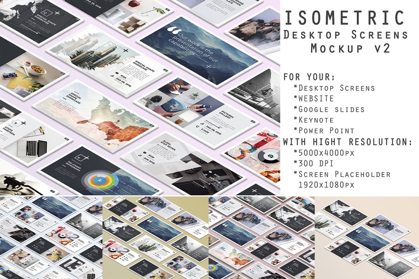 等距桌面屏幕截图预览样机v2 Isometric Desktop Screens Mockup V02插图