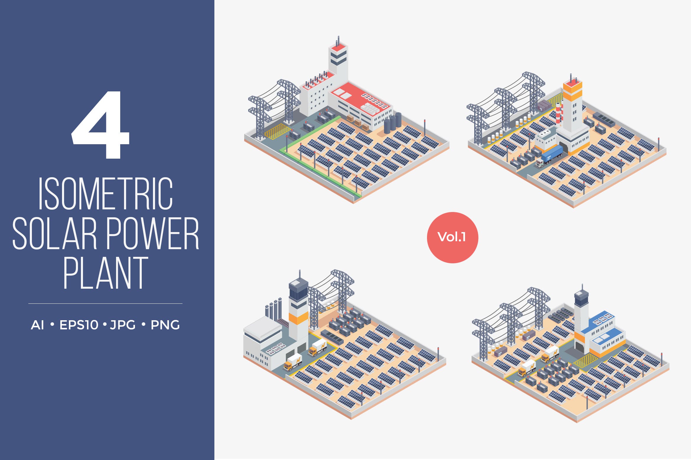 太阳能电池发电房屋等距矢量图形v1 Isometric Solar Power Plant Vector Set 1插图