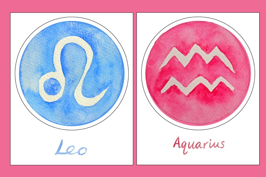 手绘星座占仆圆形水彩剪贴画 Watercolor Zodiac Signs Clipart插图(1)