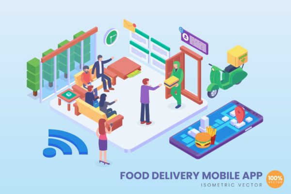 新型快餐配送技术等距矢量科技素材库精选概念插画v1 Isometric Food Delivery Vector Concept