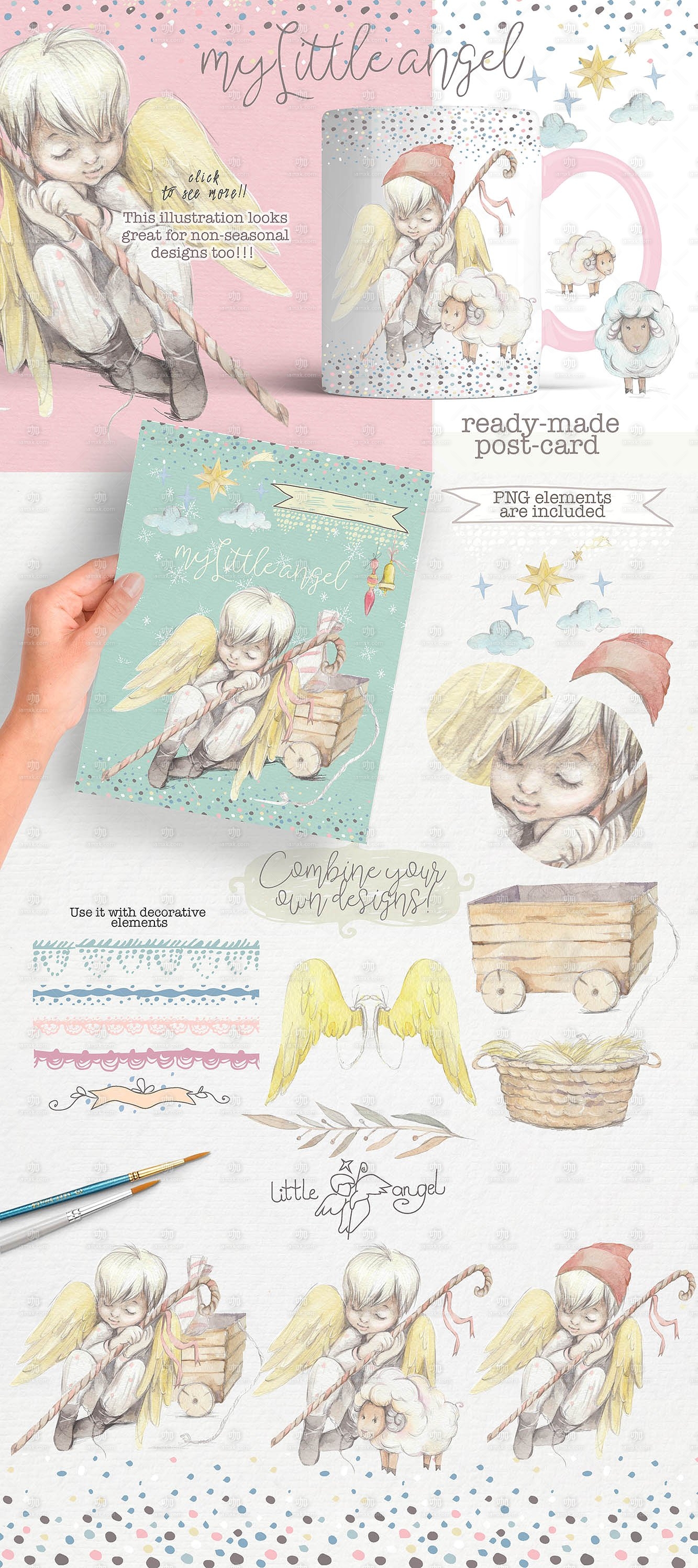 圣诞节日素材-手绘水彩天使素材包 “Little angel”[1.33GB, 贺卡模板+无缝纹理+Page+元素]插图(2)