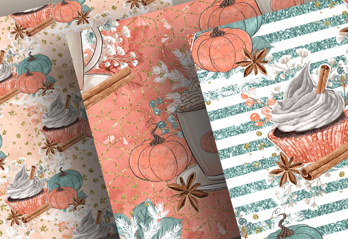 南瓜&拿铁水彩手绘图案设计素材 Pumpkin Latte digital paper pack插图(1)
