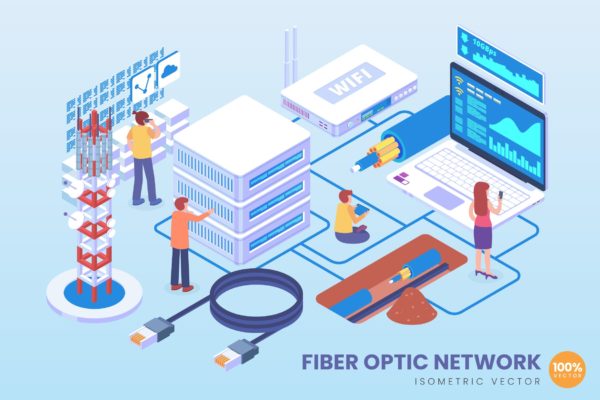 光纤网络主题等距矢量素材库精选科技概念插画 Isometric Fiber Optic Network Vector Concept