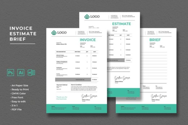 企业标准账单/发票/单据/费用清单设计模板 Invoice Estimate Brief