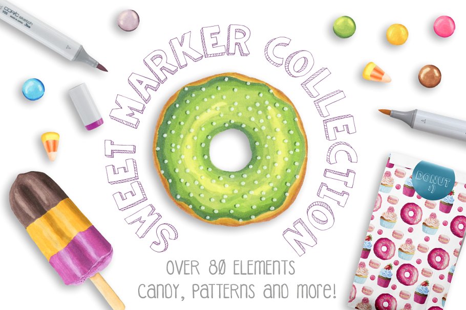 多彩甜蜜糖果天地设计素材包[对象/纹理/边框] Sweet Marker Collection Pro插图