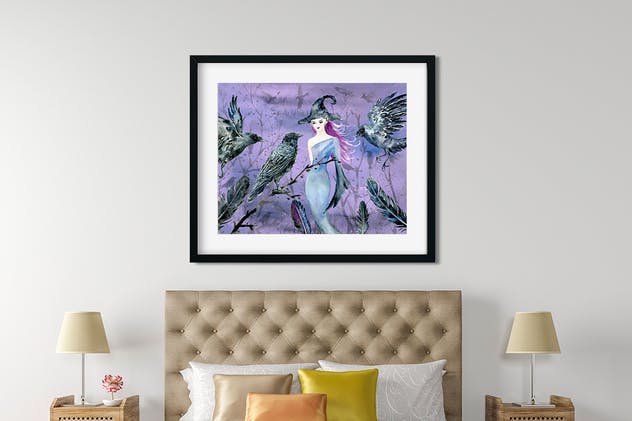 万圣节主题乌鸦&巫婆水彩插画合集 Halloween Crows and Witch Watercolor插图(5)