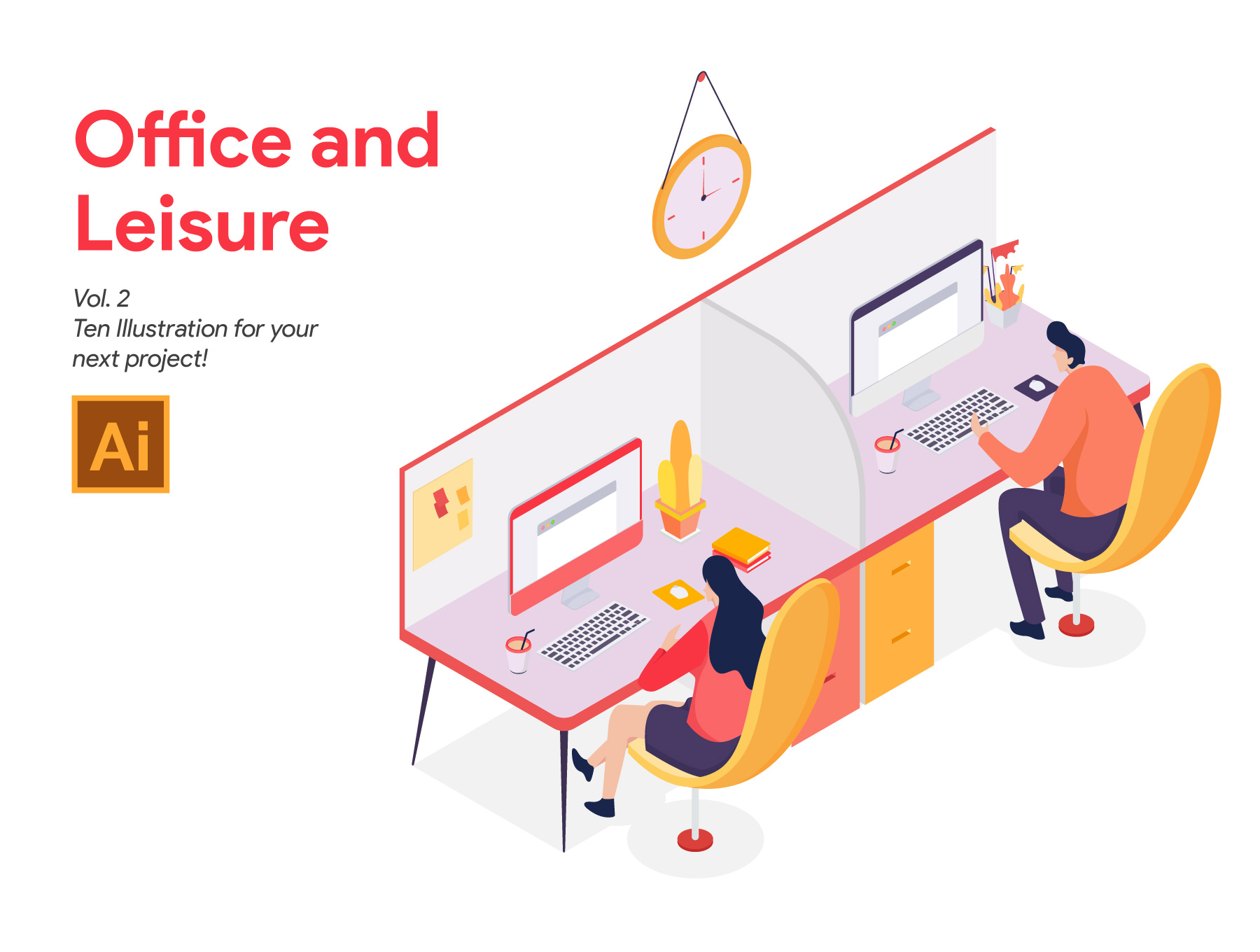 素材库下午茶：2.5D办公室概念矢量插画素材下载[Ai]插图