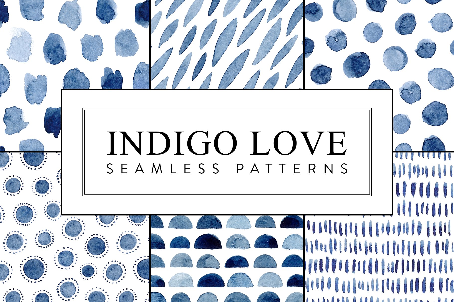 图案无缝纹理合集（银河，金色圆点，靛蓝，涂鸦，大理石瓦片，水彩画） Seamless Patterns Bundle插图(2)