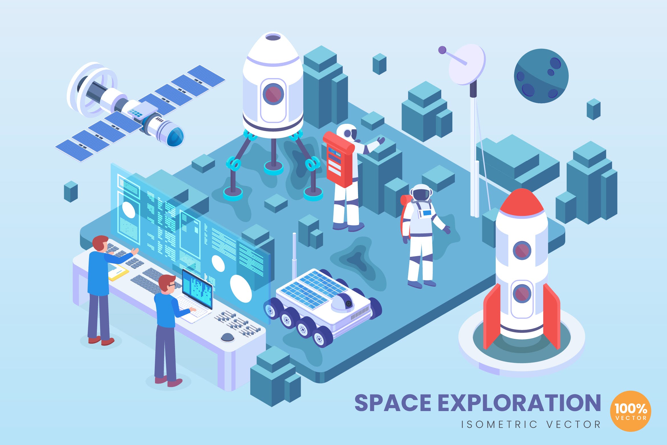 太空探测技术等距矢量科技素材库精选概念插画 Isometric Space Exploration Technology Vector插图