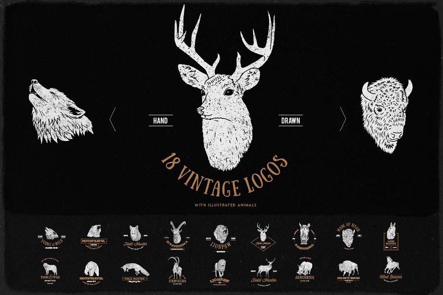 手绘动物图形复古Logo设计模板 Hand Drawn Animals Vintage Logo Kit插图(4)