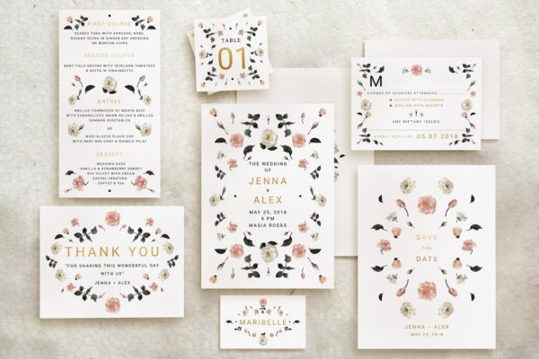 玫瑰金花卉婚礼邀请函设计套装 Rose Gold Wedding Invitation Suite