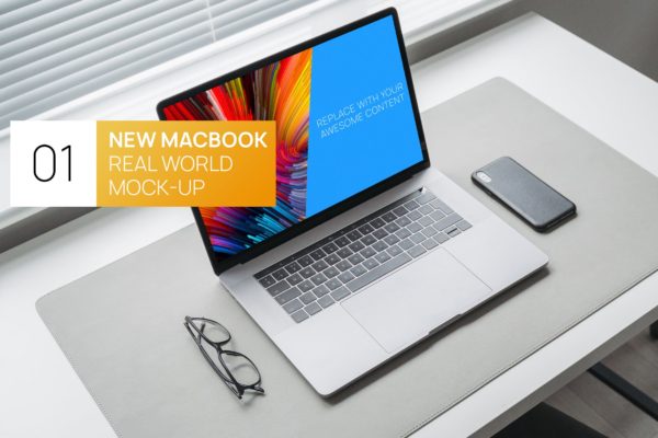 极简主义办公桌15寸MacBook笔记本电脑素材库精选样机 Minimalistic MacBook 15 Touchbar Real World Mockup