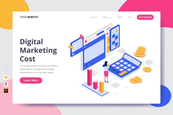 数字营销成本矢量插画网站着陆页设计素材库精选模板 Digital Marketing Cost – Landing Page
