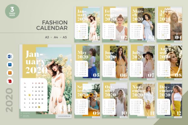 时尚服饰品牌定制设计2020年日历表设计模板 Fashion Calendar 2020 Calendar – AI, DOC, PSD