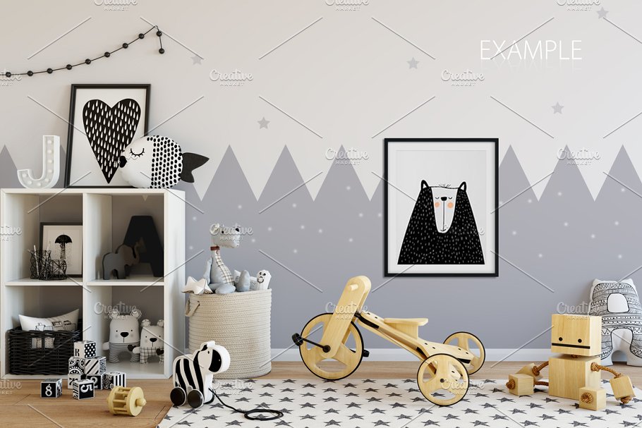 儿童主题室内墙纸设计展示和相框画框样机 Kids Interior Wall & Frames Mockup 1插图(24)