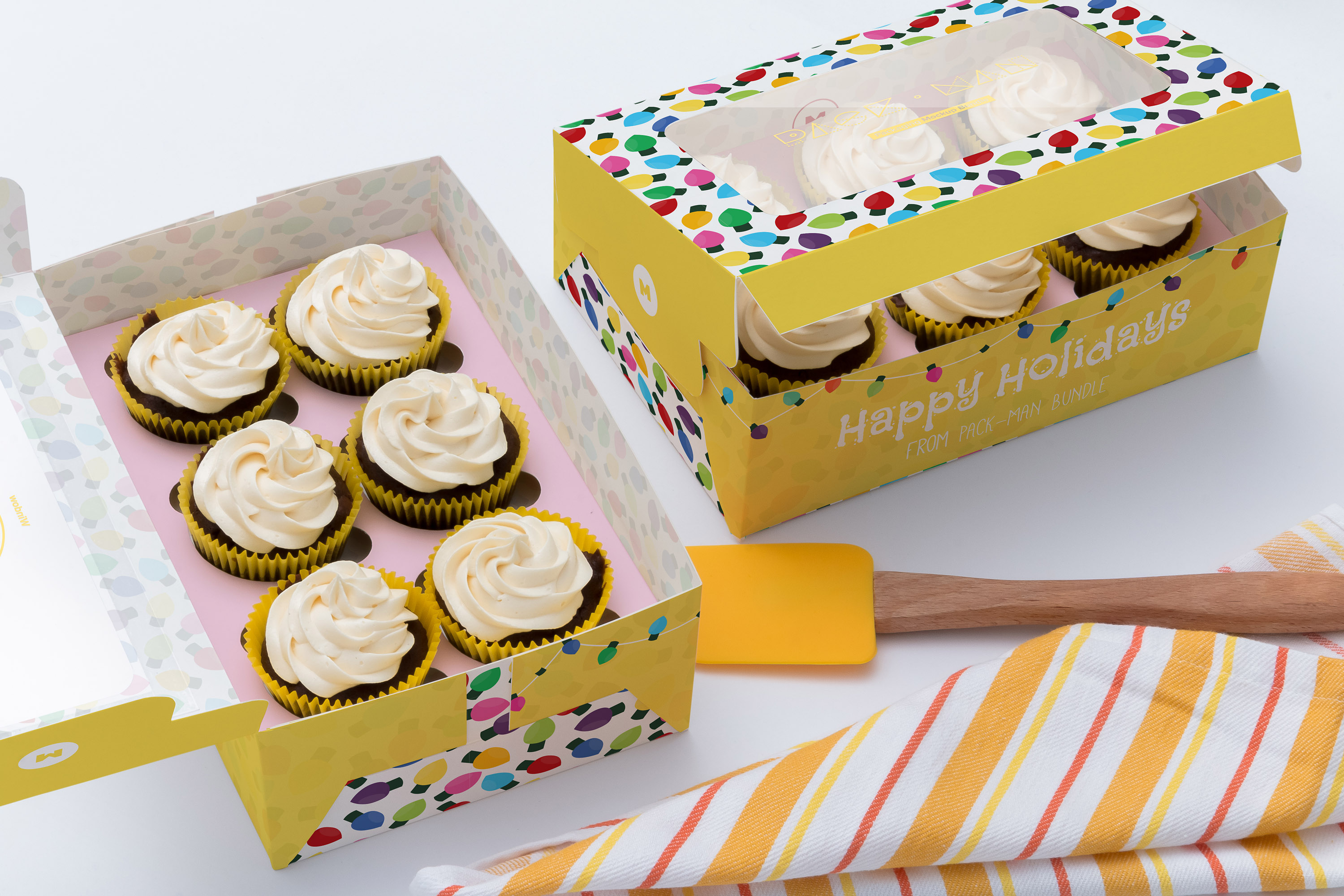 六只装纸杯蛋糕烘焙店包装盒设计效果图样机03 Six Cupcake Box Mockup 03插图(1)